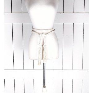 CIvory long woven braided rope knotted fringe tassel tie belt